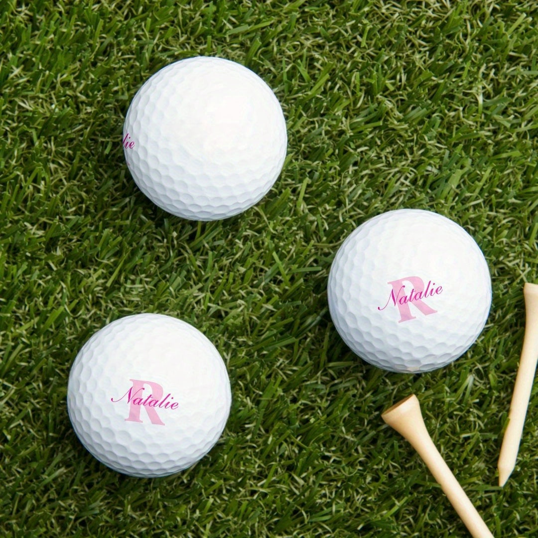 3pcs Personalized Golf Balls - Custom Name & Initial, Pink Monogram Design, White Rubber Balls for Gift Giving or Improved Performance, Golf Accessories