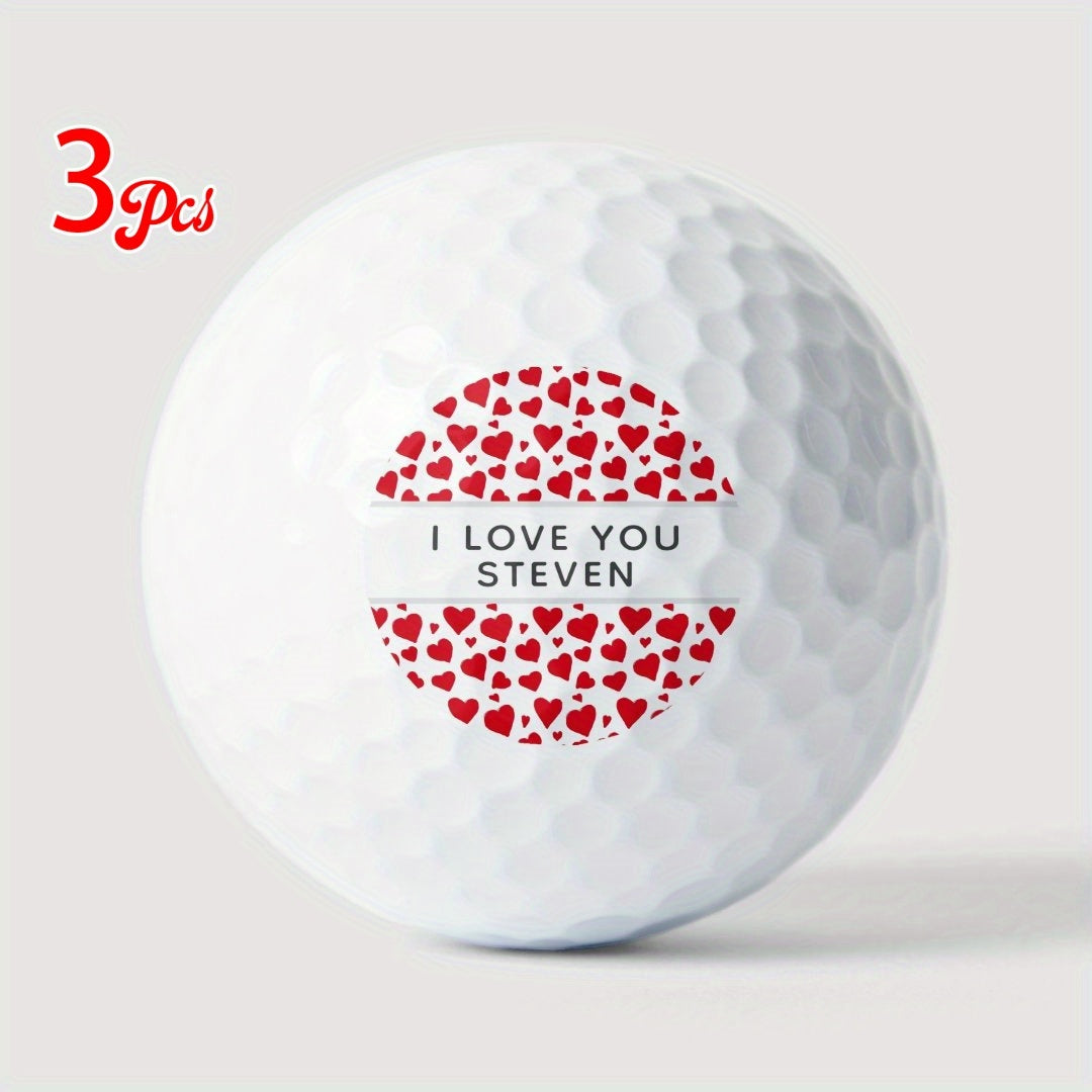 3pcs Personalized "I Love You" Golf Balls - Customizable Red Heart Design, White Rubber Balls for Valentine's Day Gift, Perfect for Golf Enthusiasts